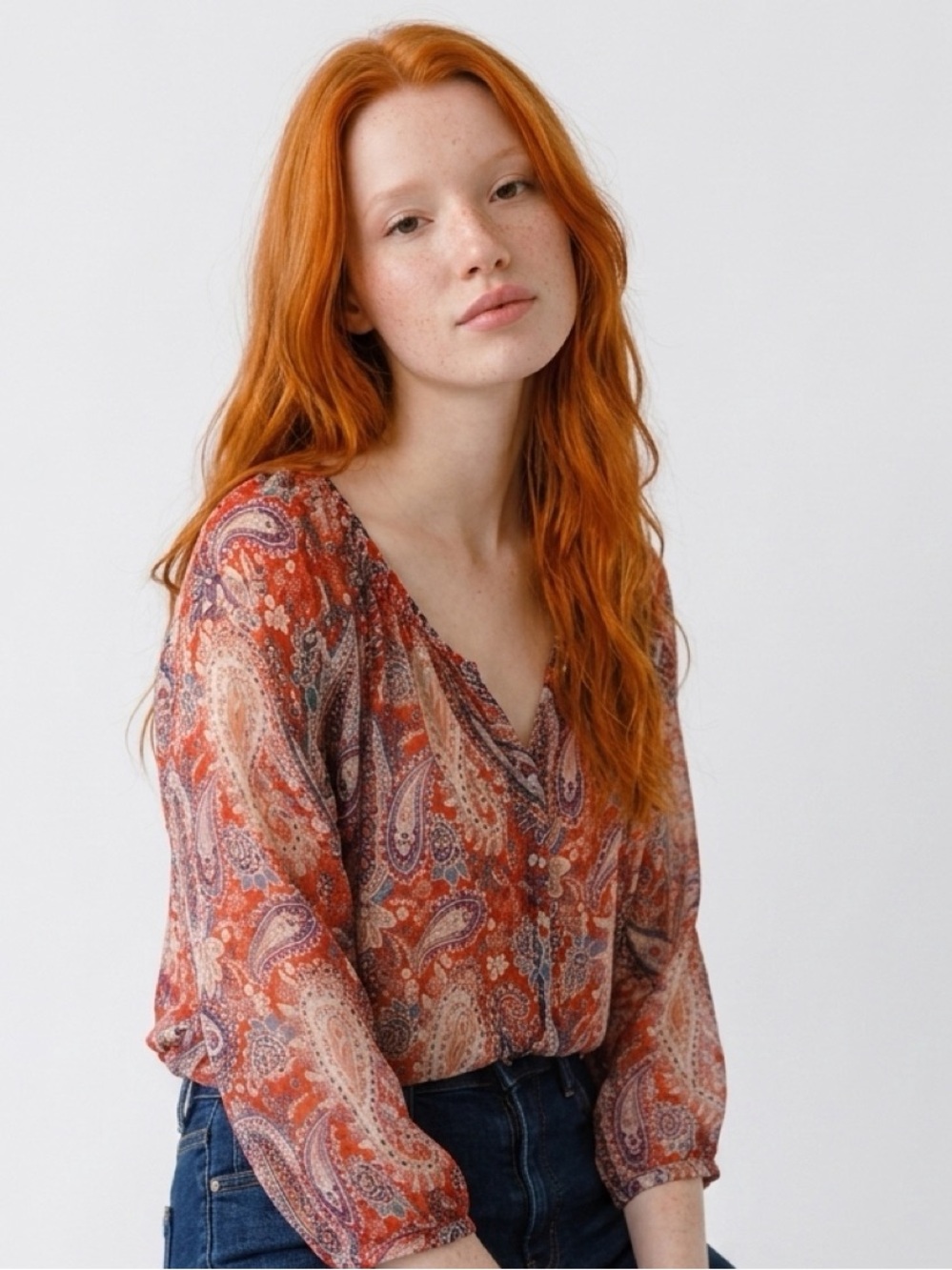Sundance Sheer Paisley Button-Front Blouse - Orange & Cream